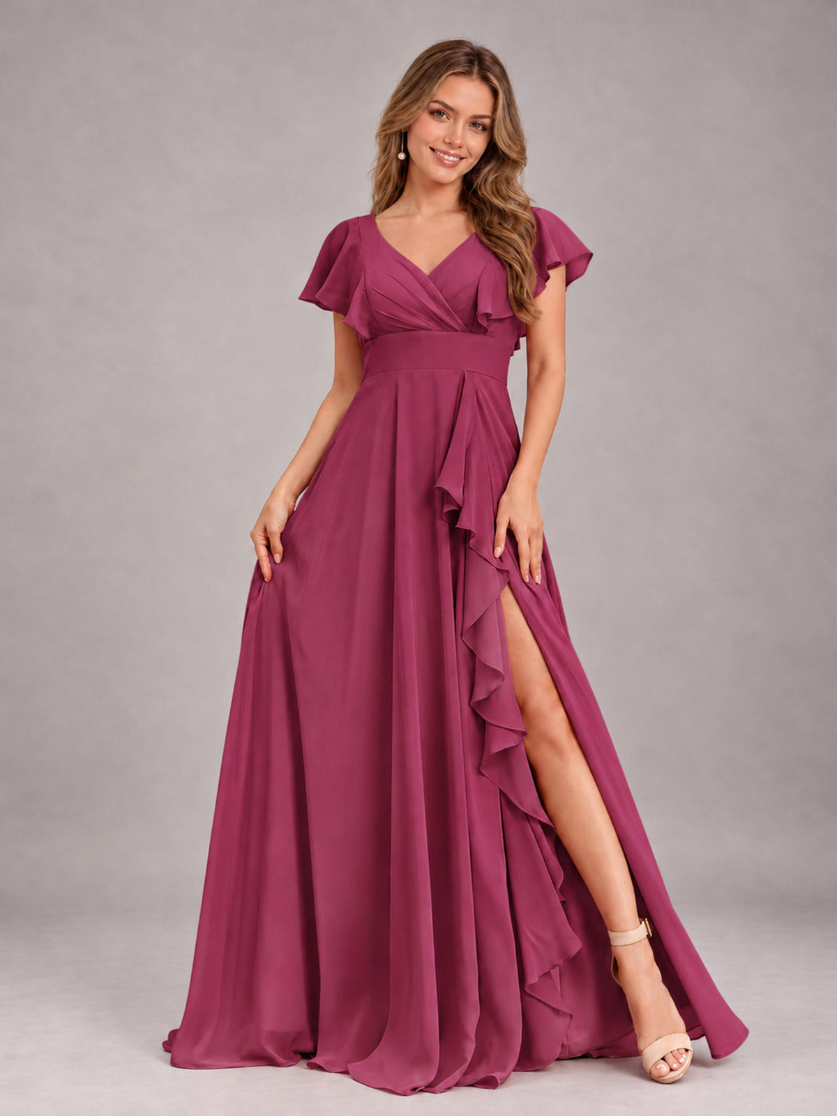 Desert Rose Modest V-Neck Ruffles Floor Length Chiffon Bridesmaid Dress