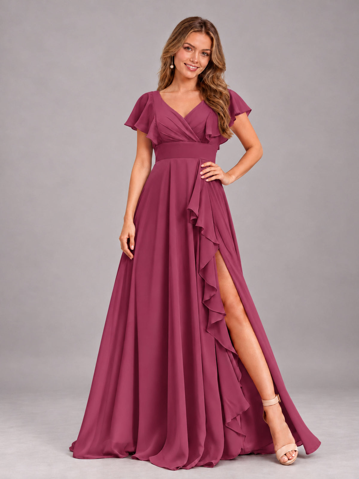 Desert Rose Modest V-Neck Ruffles Floor Length Chiffon Bridesmaid Dress