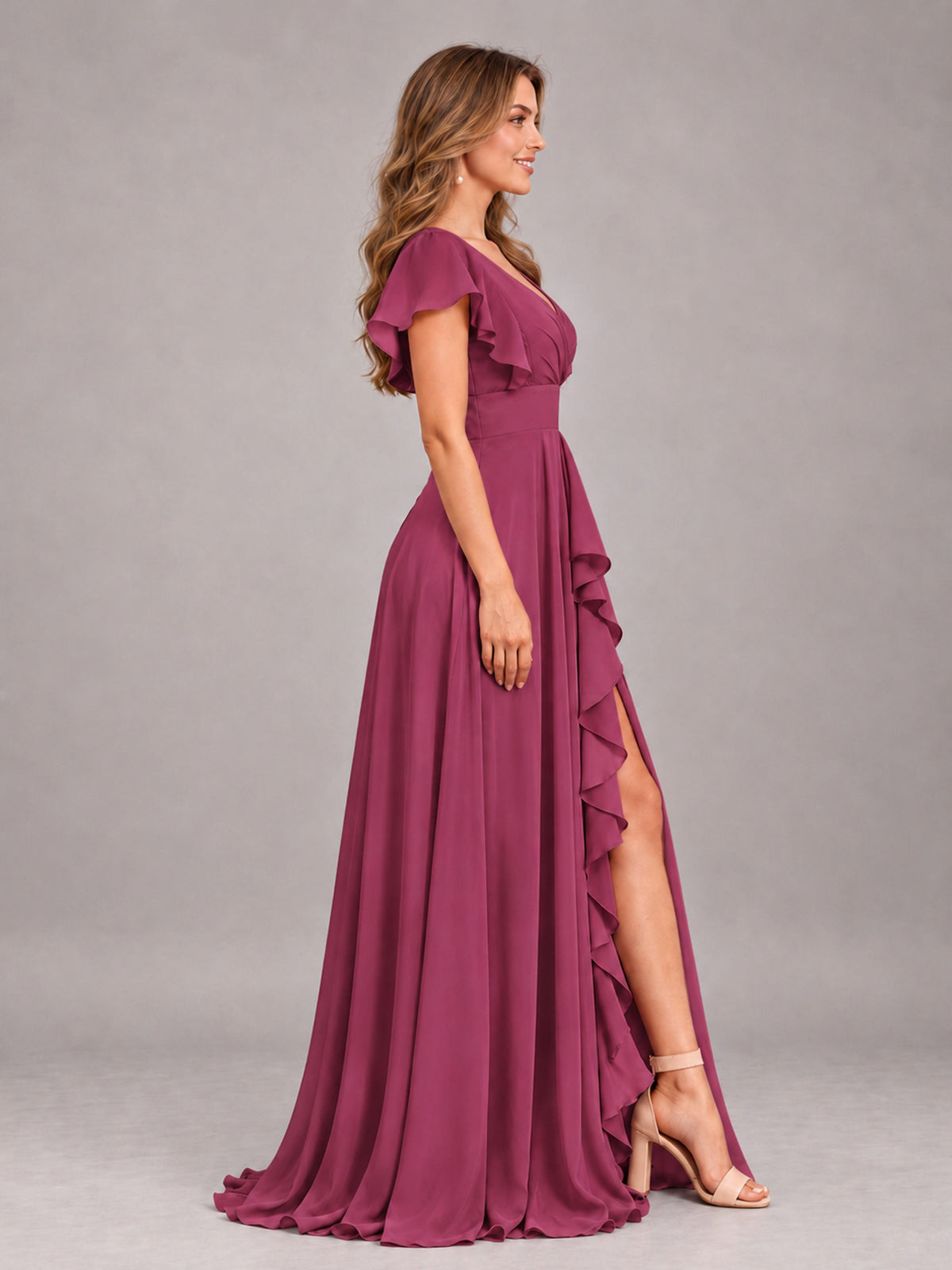 Desert Rose Modest V-Neck Ruffles Floor Length Chiffon Bridesmaid Dress