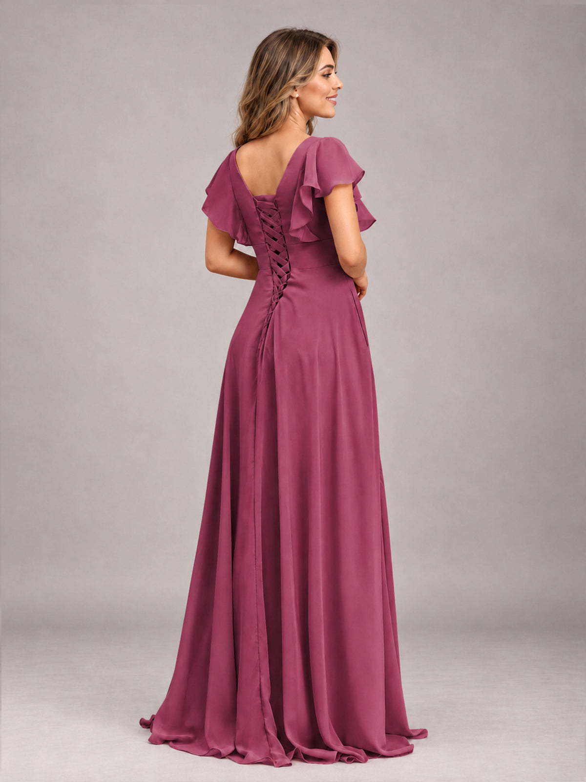 Desert Rose Modest V-Neck Ruffles Floor Length Chiffon Bridesmaid Dress