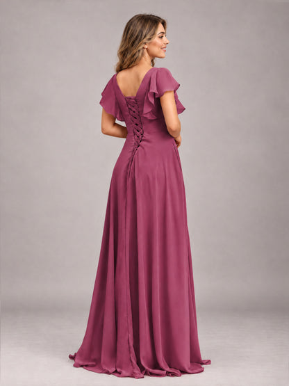 Desert Rose Modest V-Neck Ruffles Floor Length Chiffon Bridesmaid Dress
