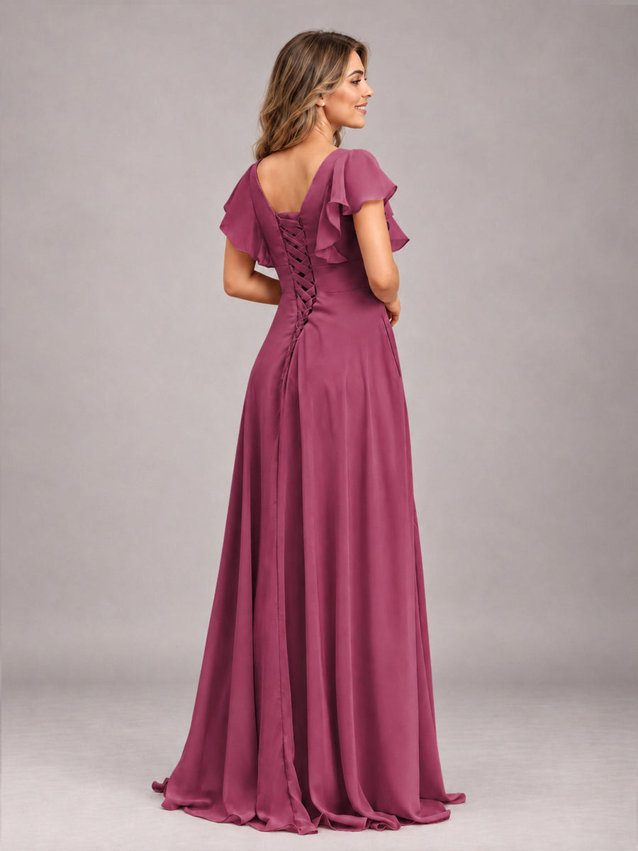 Desert Rose Modest V-Neck Ruffles Floor Length Chiffon Bridesmaid Dress