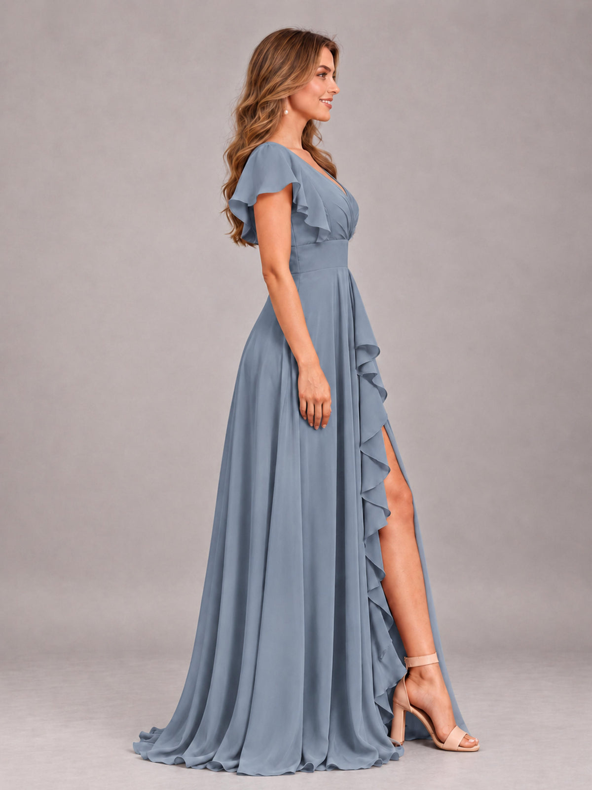 Dusty Blue Modest V-Neck Ruffles Floor Length Chiffon Bridesmaid Dress