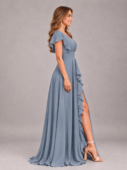 Dusty Blue Modest V-Neck Ruffles Floor Length Chiffon Bridesmaid Dress