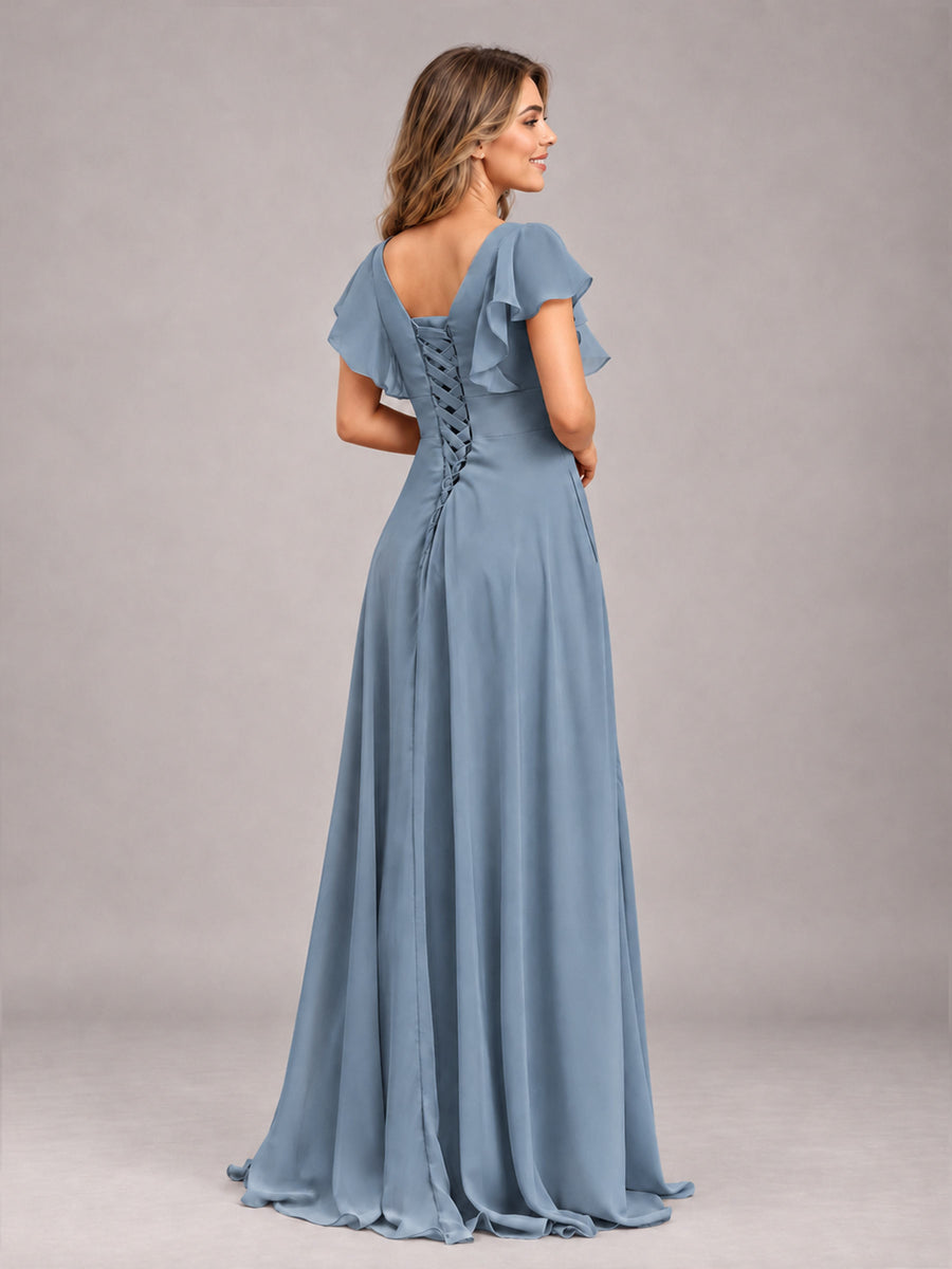 Dusty Blue Modest V-Neck Ruffles Floor Length Chiffon Bridesmaid Dress