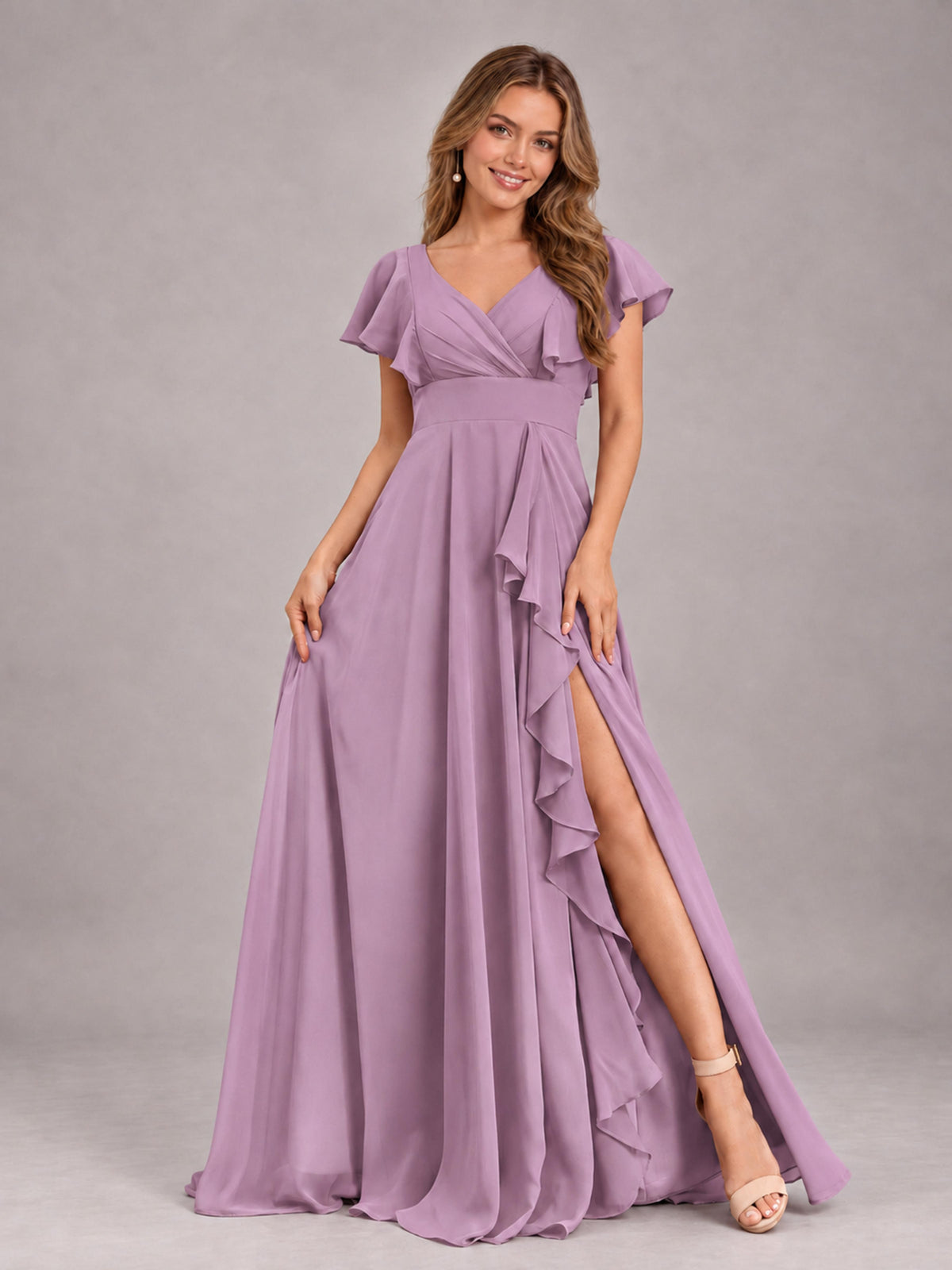Dusty Purple Modest V-Neck Ruffles Floor Length Chiffon Bridesmaid Dress