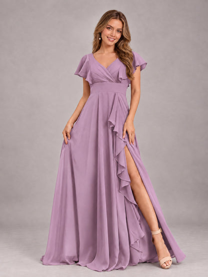 Dusty Purple Modest V-Neck Ruffles Floor Length Chiffon Bridesmaid Dress