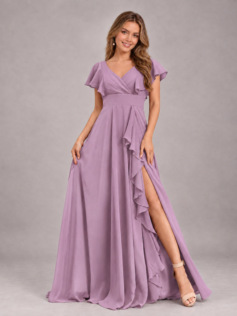 Dusty Purple Modest V-Neck Ruffles Floor Length Chiffon Bridesmaid Dress