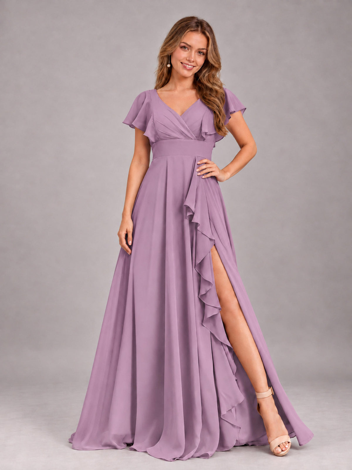 Dusty Purple Modest V-Neck Ruffles Floor Length Chiffon Bridesmaid Dress