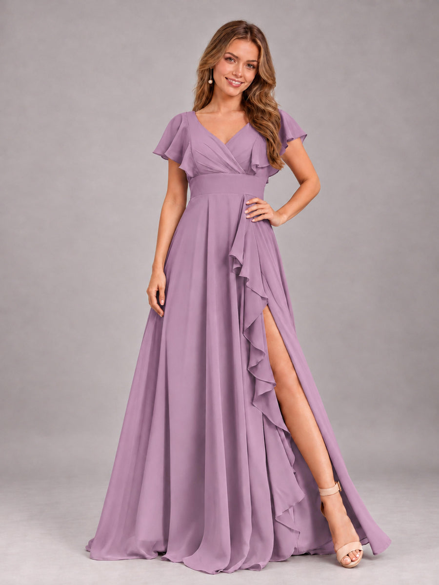Dusty Purple Modest V-Neck Ruffles Floor Length Chiffon Bridesmaid Dress
