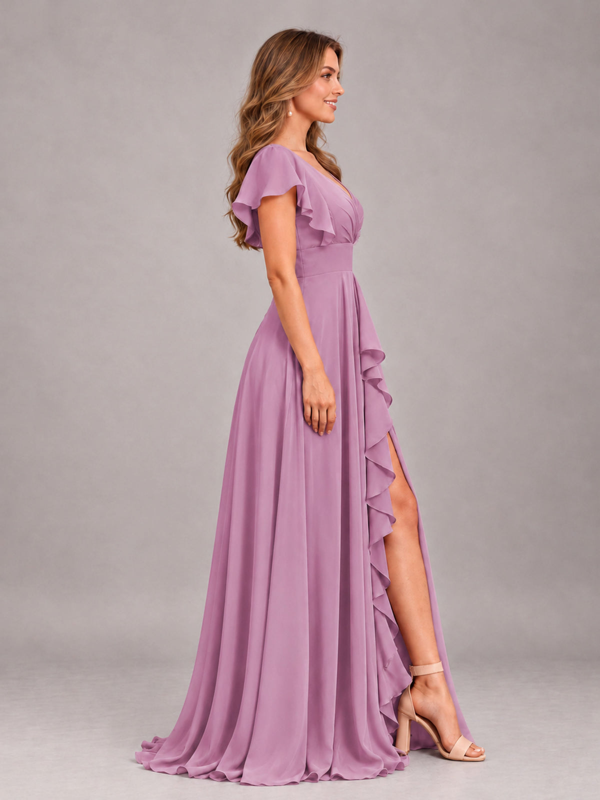 Dusty Purple Modest V-Neck Ruffles Floor Length Chiffon Bridesmaid Dress