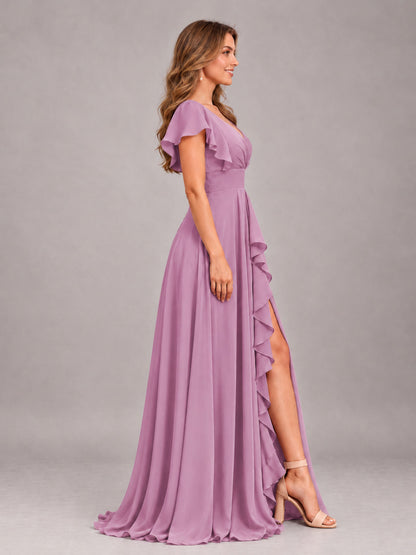 Dusty Purple Modest V-Neck Ruffles Floor Length Chiffon Bridesmaid Dress