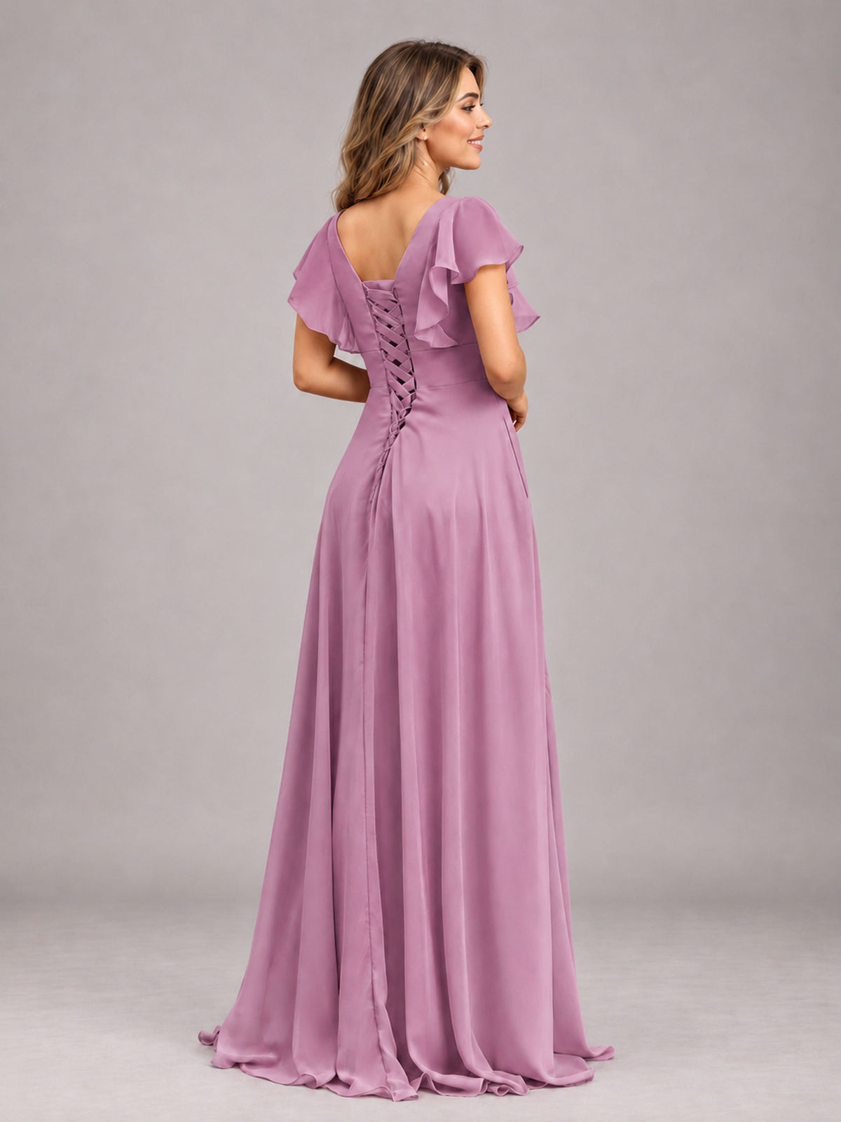 Dusty Purple Modest V-Neck Ruffles Floor Length Chiffon Bridesmaid Dress
