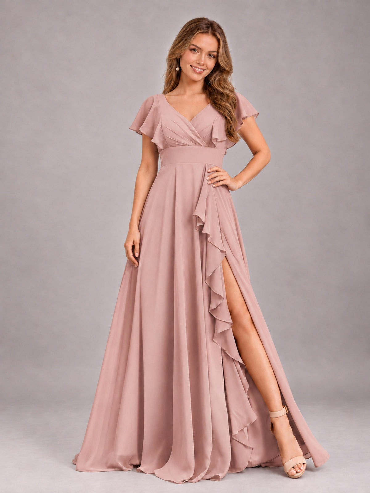 Dusty Rose Modest V-Neck Ruffles Floor Length Chiffon Bridesmaid Dress