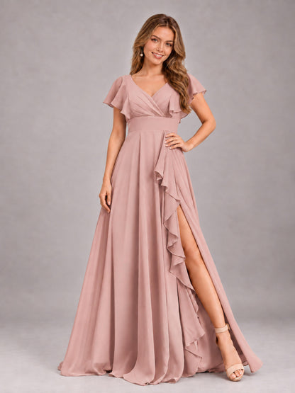 Dusty Rose Modest V-Neck Ruffles Floor Length Chiffon Bridesmaid Dress