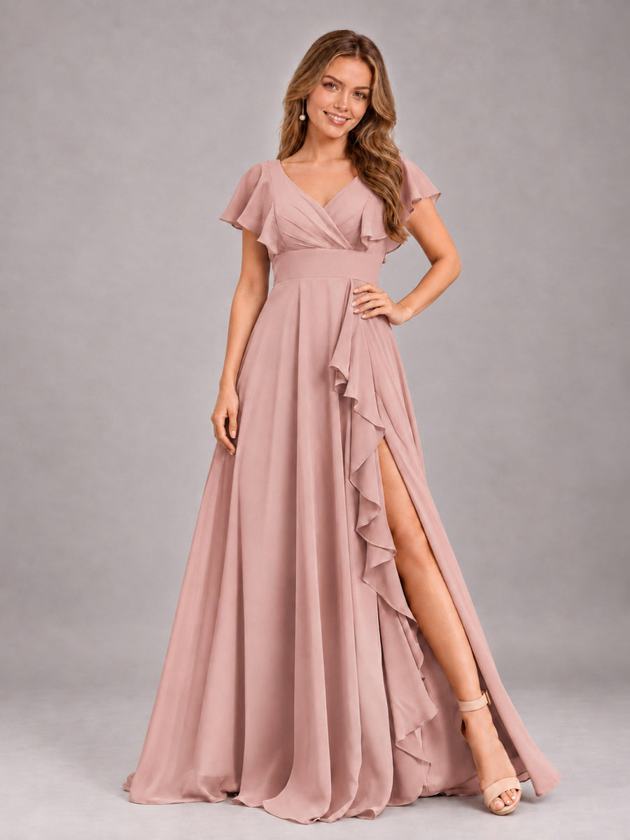 Dusty Rose Modest V-Neck Ruffles Floor Length Chiffon Bridesmaid Dress