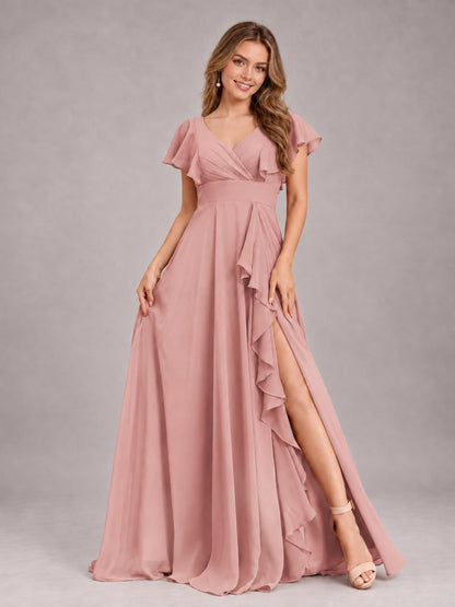 Dusty Rose Modest V-Neck Ruffles Floor Length Chiffon Bridesmaid Dress