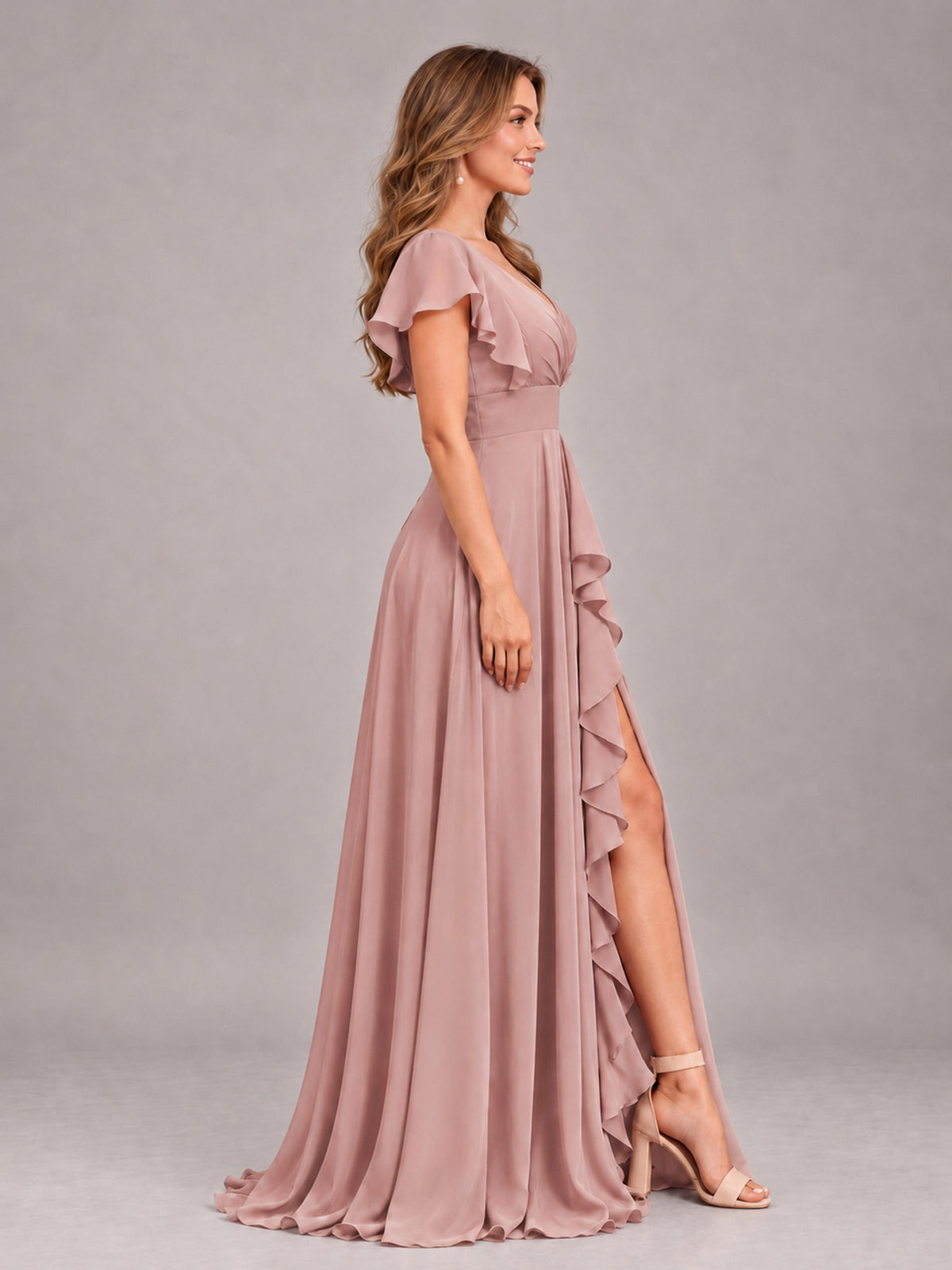 Dusty Rose Modest V-Neck Ruffles Floor Length Chiffon Bridesmaid Dress