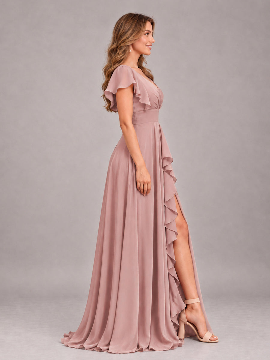 Dusty Rose Modest V-Neck Ruffles Floor Length Chiffon Bridesmaid Dress