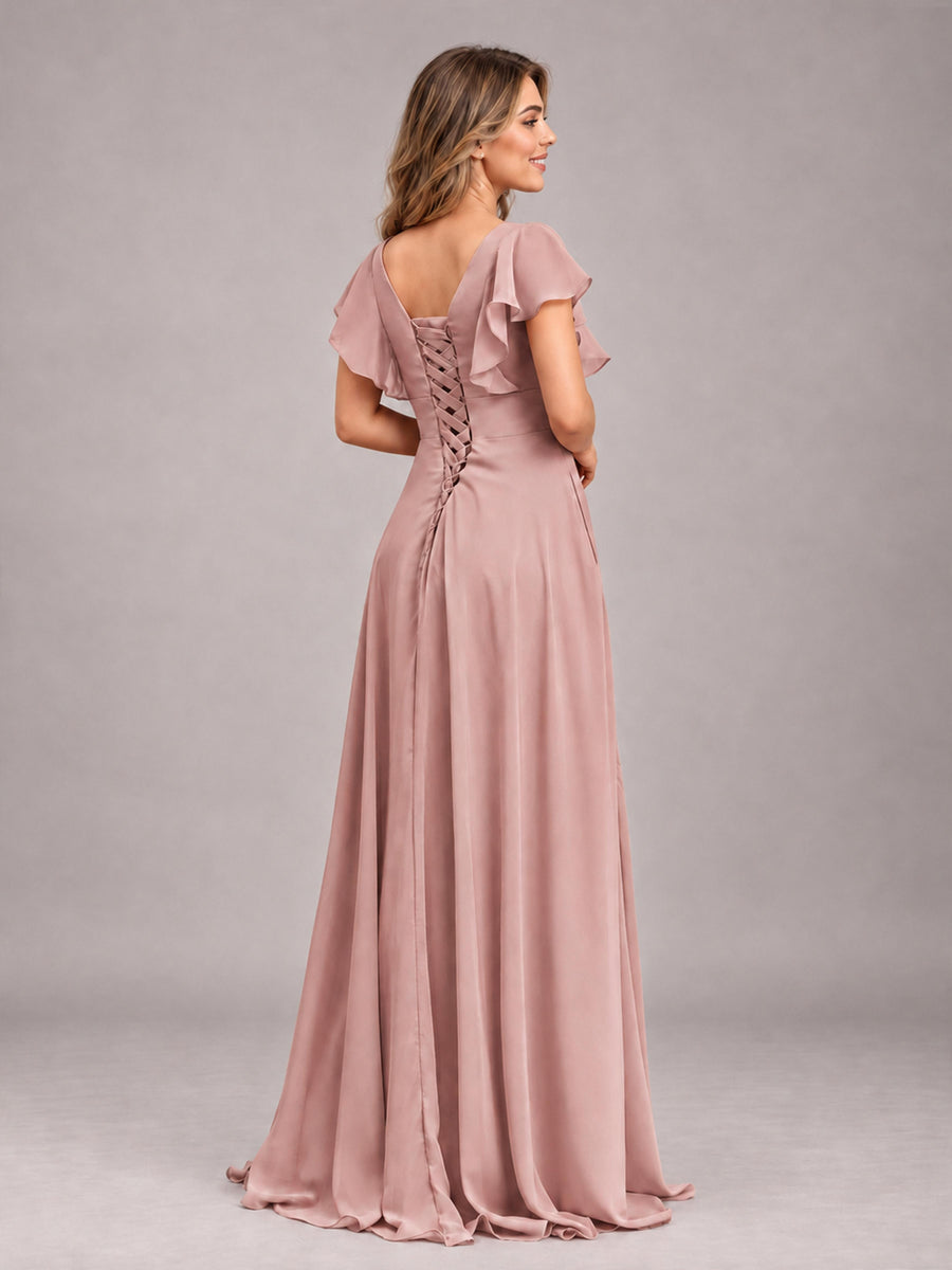 Dusty Rose Modest V-Neck Ruffles Floor Length Chiffon Bridesmaid Dress