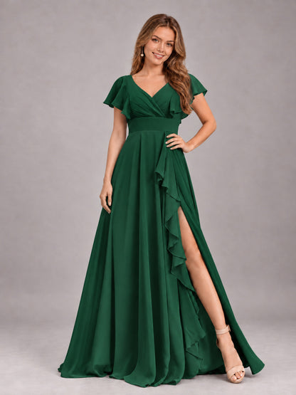 Emerald Green Modest V-Neck Ruffles Floor Length Chiffon Bridesmaid Dress