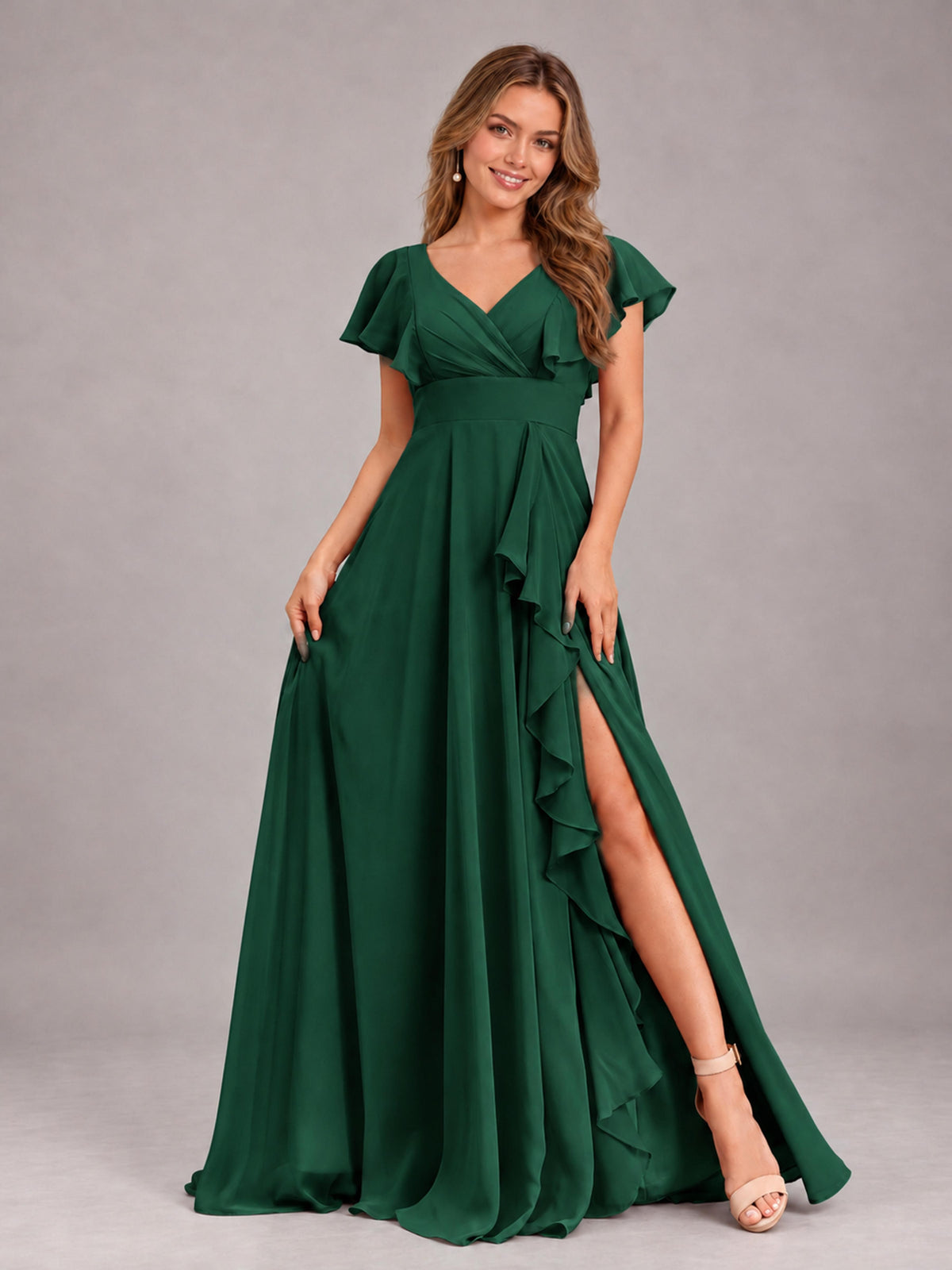 Emerald Green Modest V-Neck Ruffles Floor Length Chiffon Bridesmaid Dress