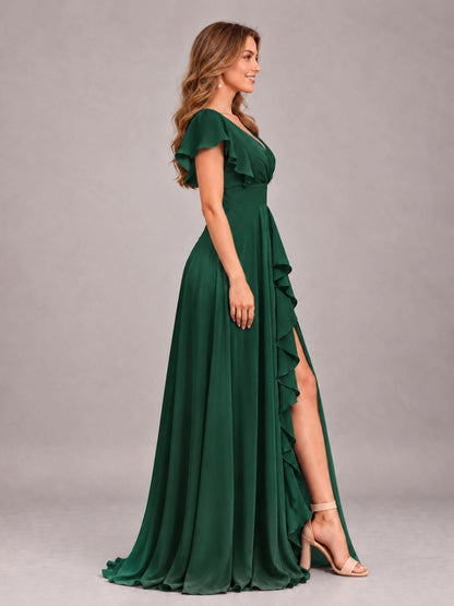 Emerald Green Modest V-Neck Ruffles Floor Length Chiffon Bridesmaid Dress
