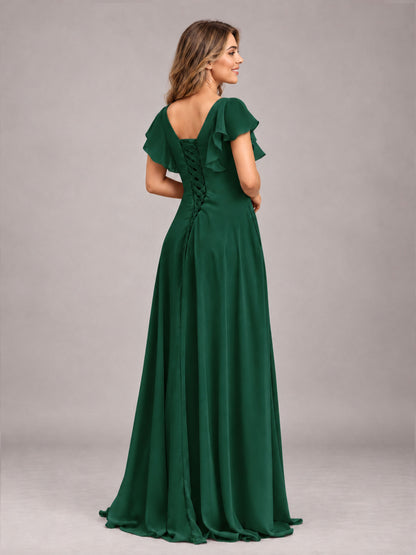 Emerald Green Modest V-Neck Ruffles Floor Length Chiffon Bridesmaid Dress