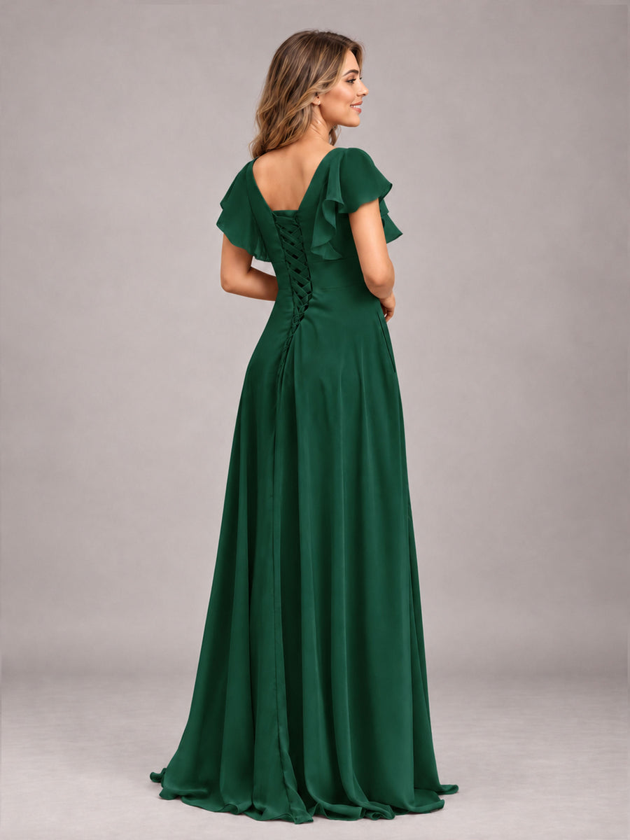 Emerald Green Modest V-Neck Ruffles Floor Length Chiffon Bridesmaid Dress