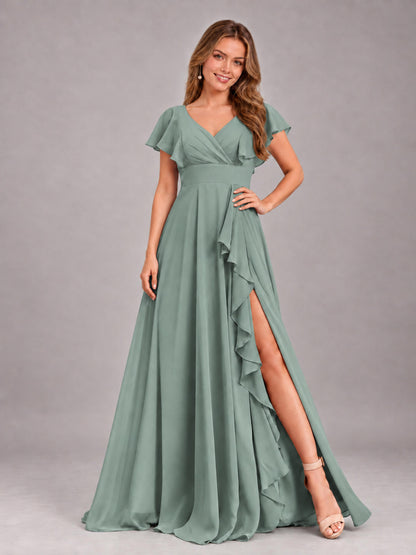 Eucalyptus Modest V-Neck Ruffles Floor Length Chiffon Bridesmaid Dress