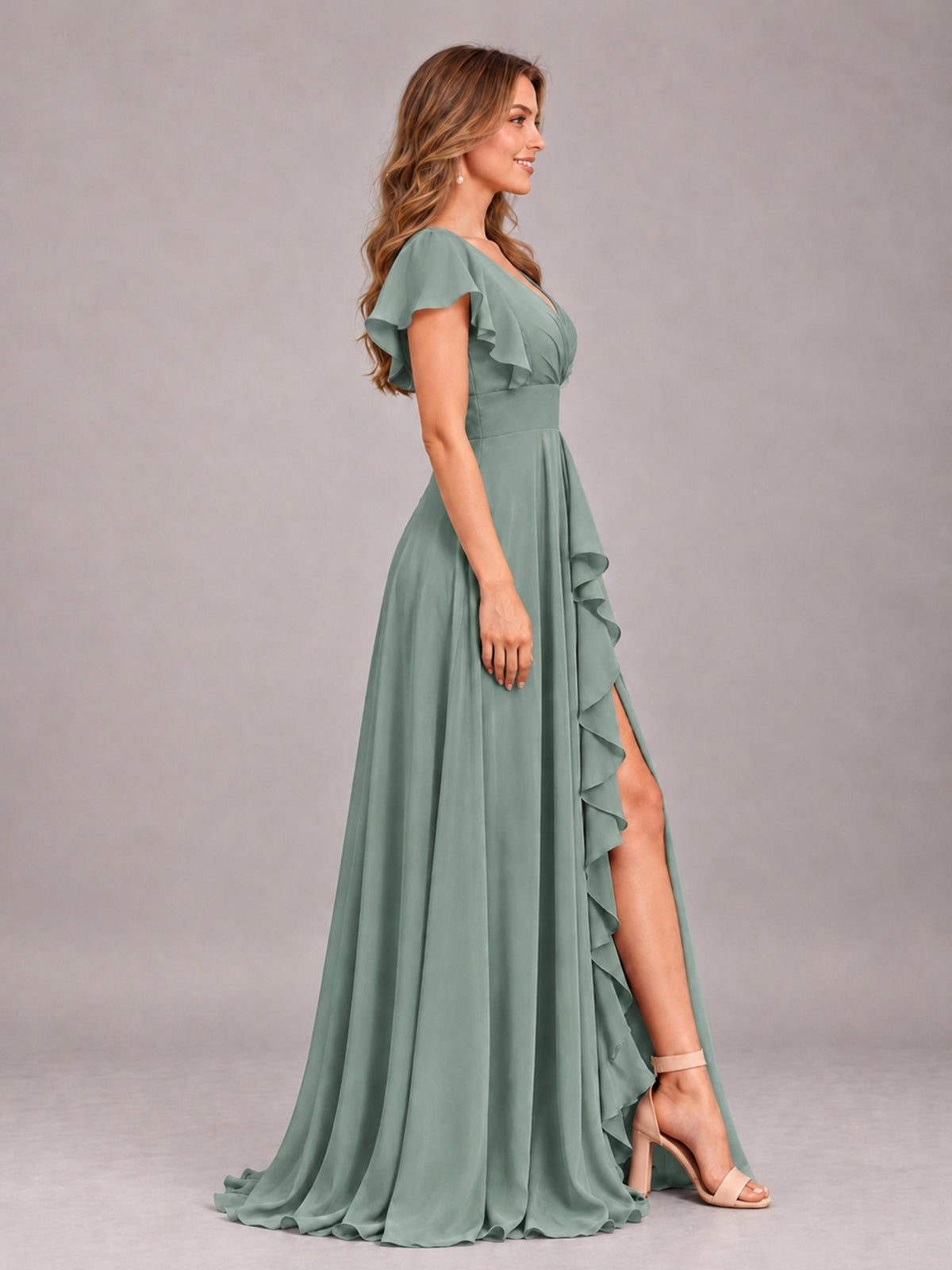 Eucalyptus Modest V-Neck Ruffles Floor Length Chiffon Bridesmaid Dress