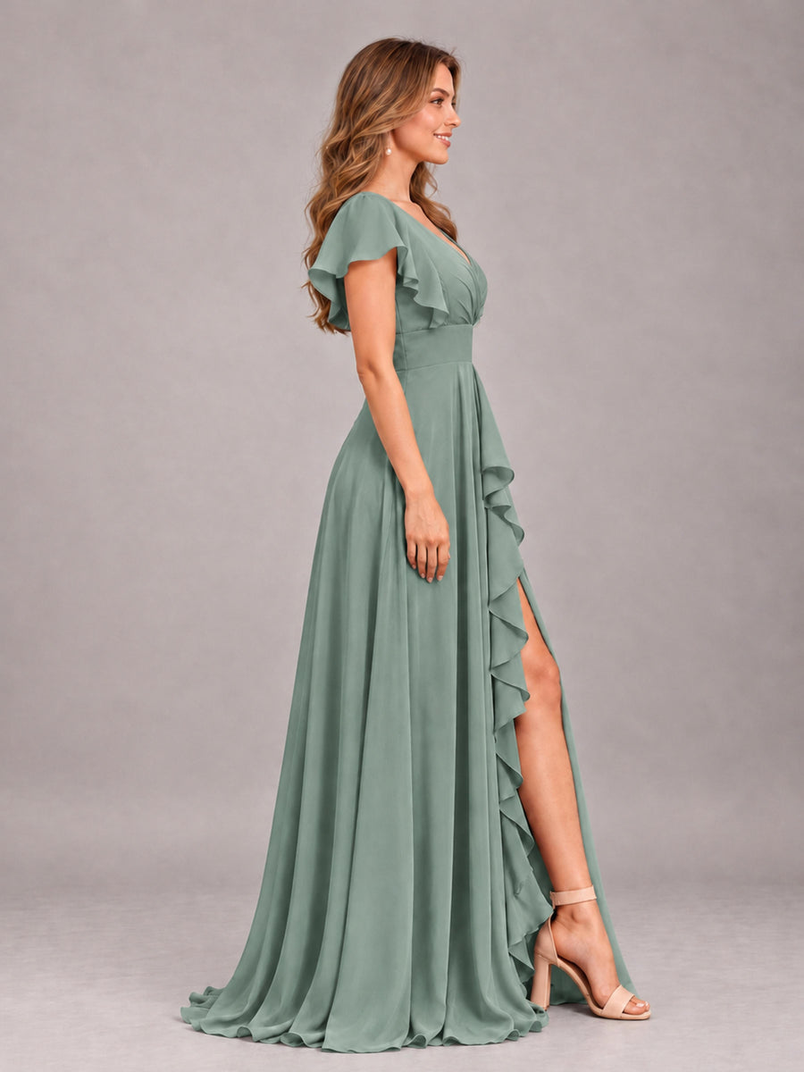 Eucalyptus Modest V-Neck Ruffles Floor Length Chiffon Bridesmaid Dress