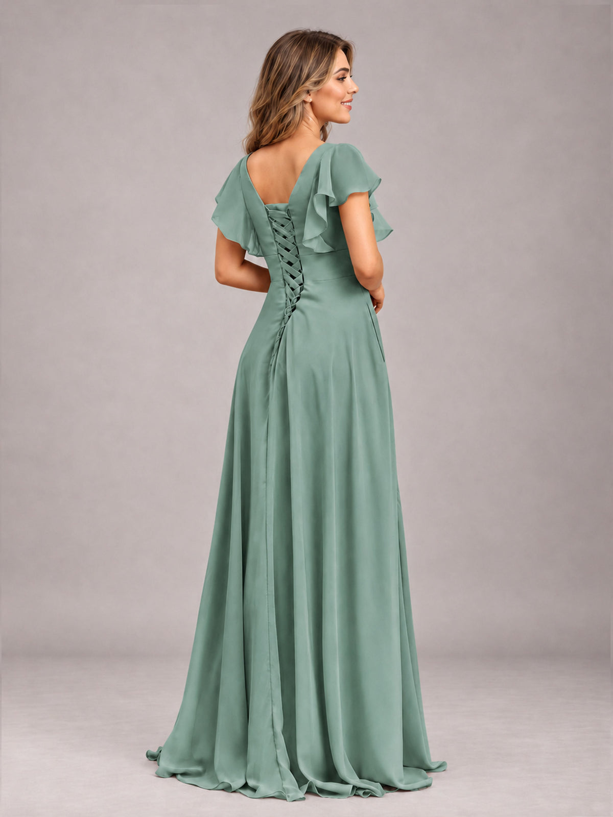 Eucalyptus Modest V-Neck Ruffles Floor Length Chiffon Bridesmaid Dress