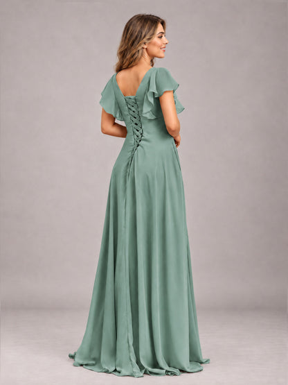 Eucalyptus Modest V-Neck Ruffles Floor Length Chiffon Bridesmaid Dress