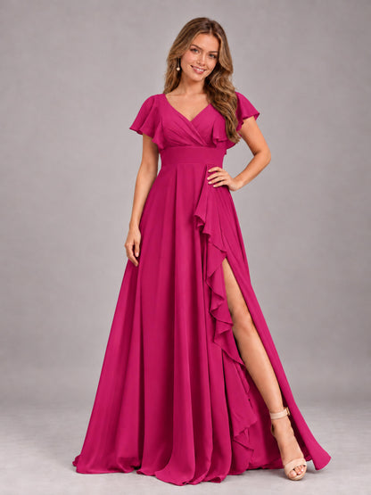 Fuchsia Modest V-Neck Ruffles Floor Length Chiffon Bridesmaid Dress