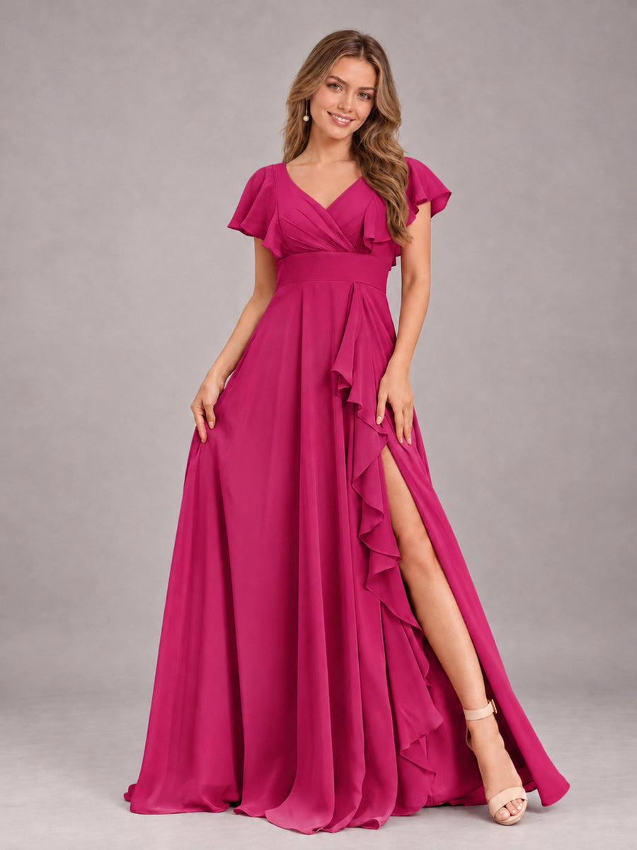 Fuchsia Modest V-Neck Ruffles Floor Length Chiffon Bridesmaid Dress