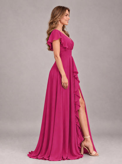 Fuchsia Modest V-Neck Ruffles Floor Length Chiffon Bridesmaid Dress