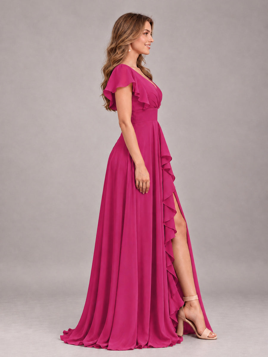 Fuchsia Modest V-Neck Ruffles Floor Length Chiffon Bridesmaid Dress