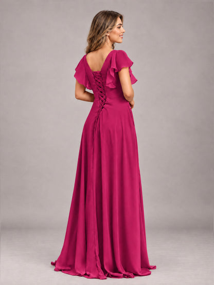 Fuchsia Modest V-Neck Ruffles Floor Length Chiffon Bridesmaid Dress