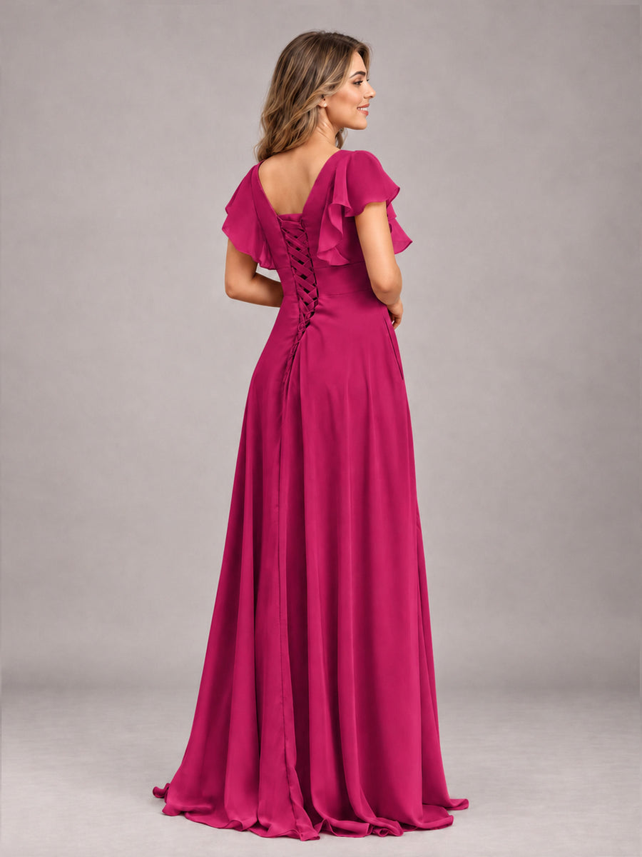 Fuchsia Modest V-Neck Ruffles Floor Length Chiffon Bridesmaid Dress