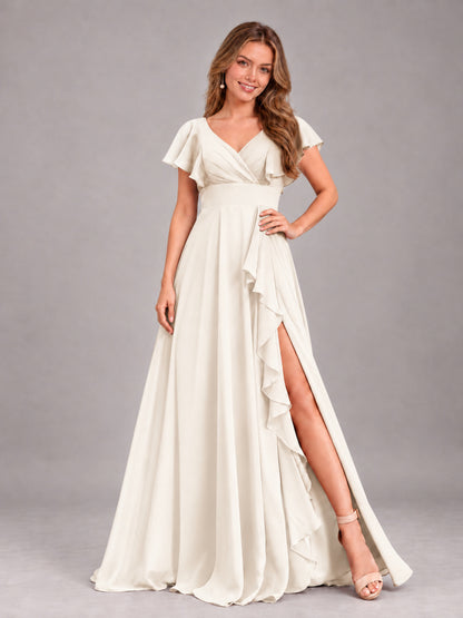 Ivory Modest V-Neck Ruffles Floor Length Chiffon Bridesmaid Dress