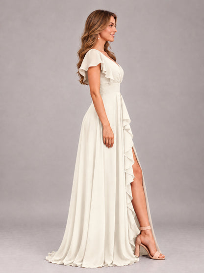 Ivory Modest V-Neck Ruffles Floor Length Chiffon Bridesmaid Dress