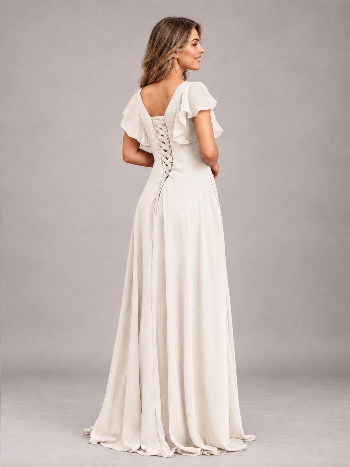 Ivory Modest V-Neck Ruffles Floor Length Chiffon Bridesmaid Dress