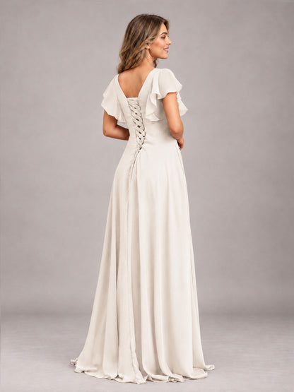 Ivory Modest V-Neck Ruffles Floor Length Chiffon Bridesmaid Dress