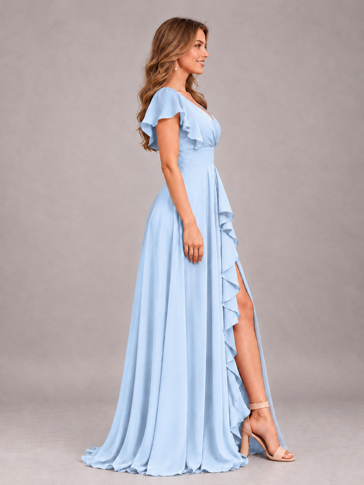 Light Blue Modest V-Neck Ruffles Floor Length Chiffon Bridesmaid Dress