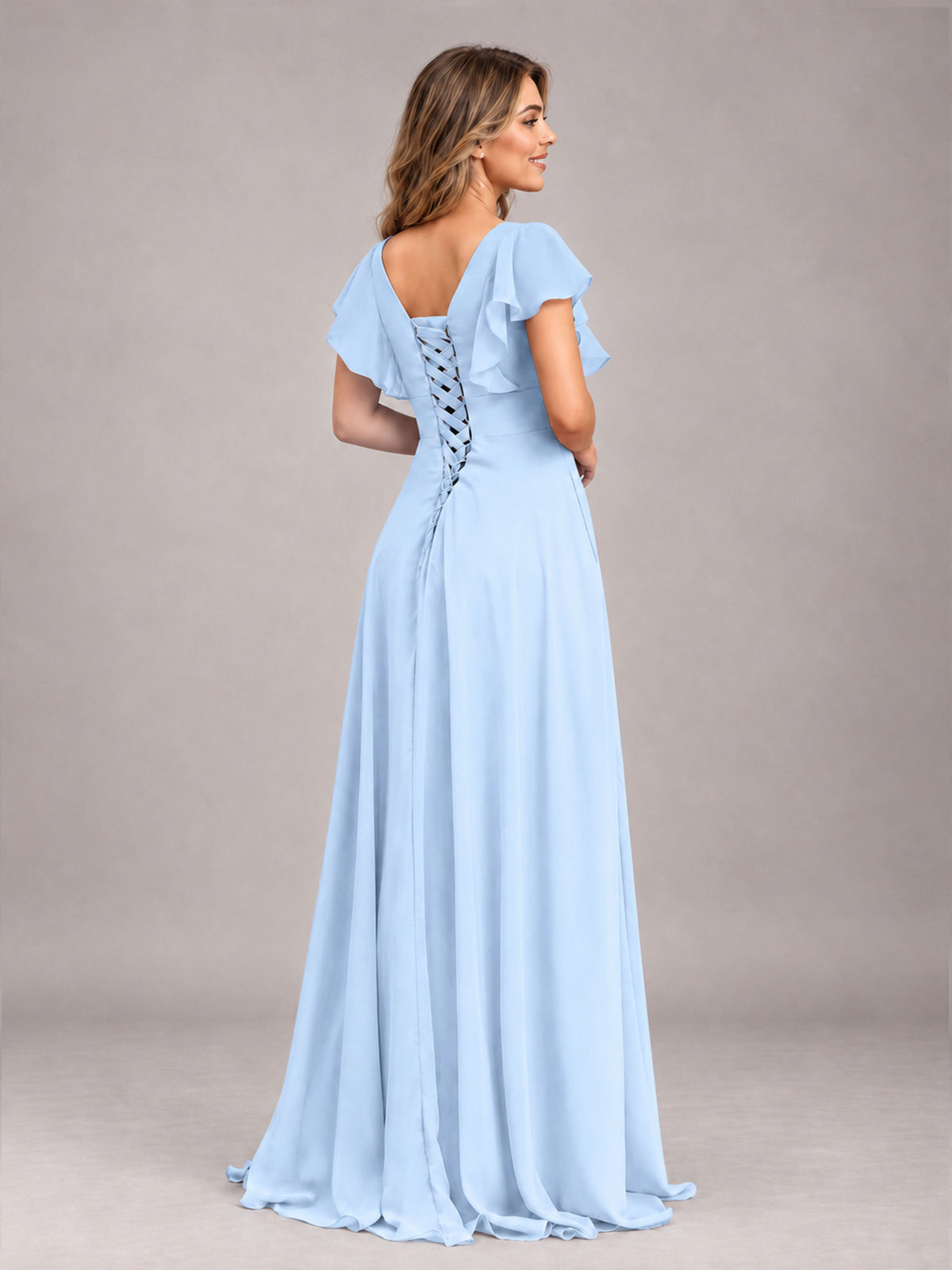 Light Blue Modest V-Neck Ruffles Floor Length Chiffon Bridesmaid Dress