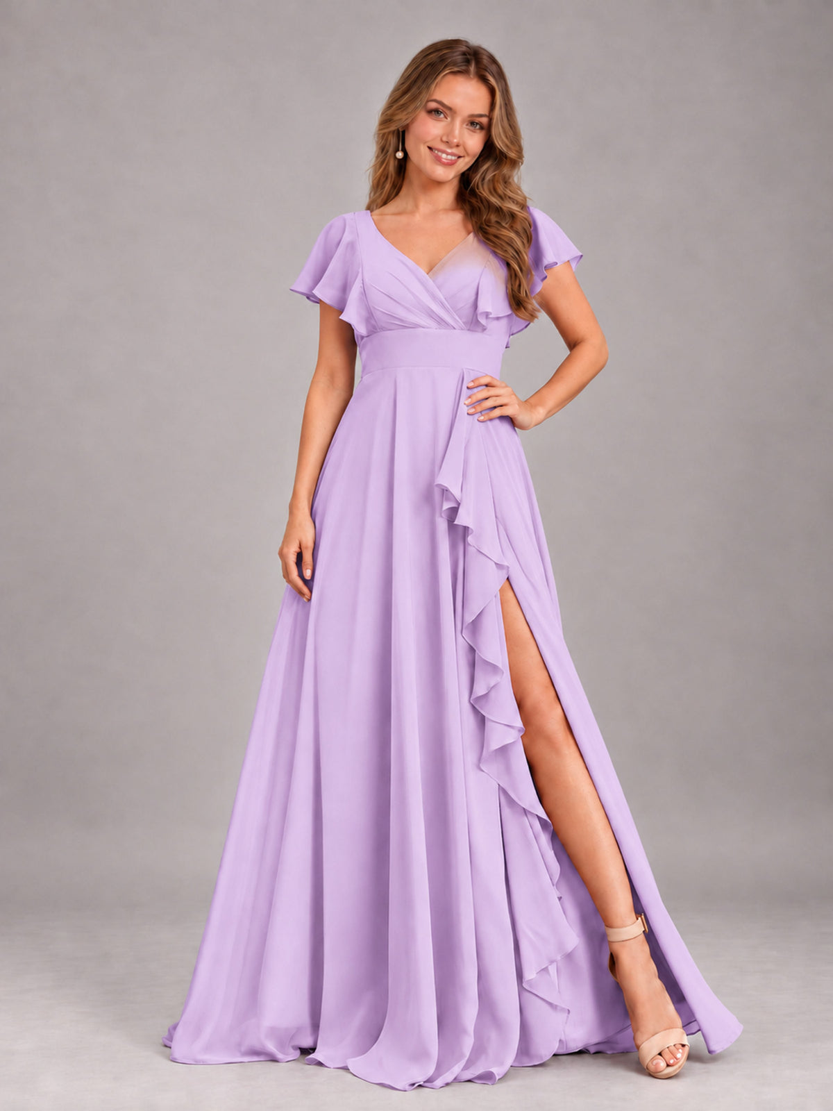 Lilac Modest V-Neck Ruffles Floor Length Chiffon Bridesmaid Dress