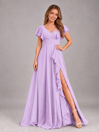 Lilac Modest V-Neck Ruffles Floor Length Chiffon Bridesmaid Dress