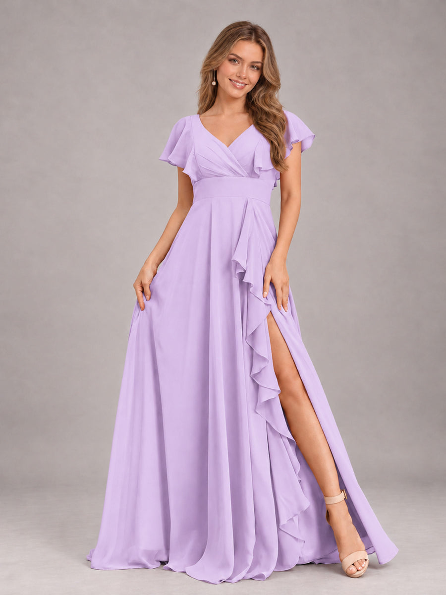 Lilac Modest V-Neck Ruffles Floor Length Chiffon Bridesmaid Dress