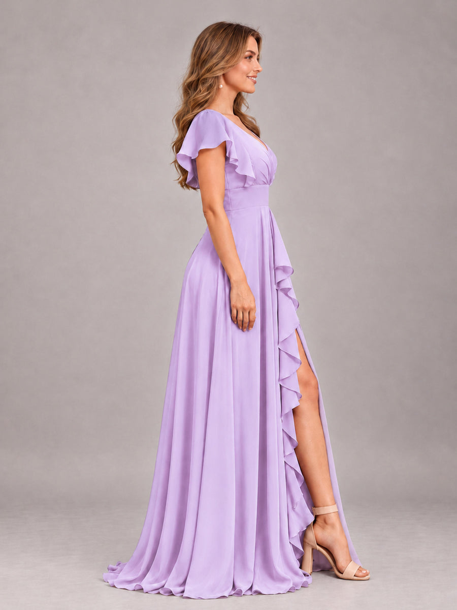 Lilac Modest V-Neck Ruffles Floor Length Chiffon Bridesmaid Dress